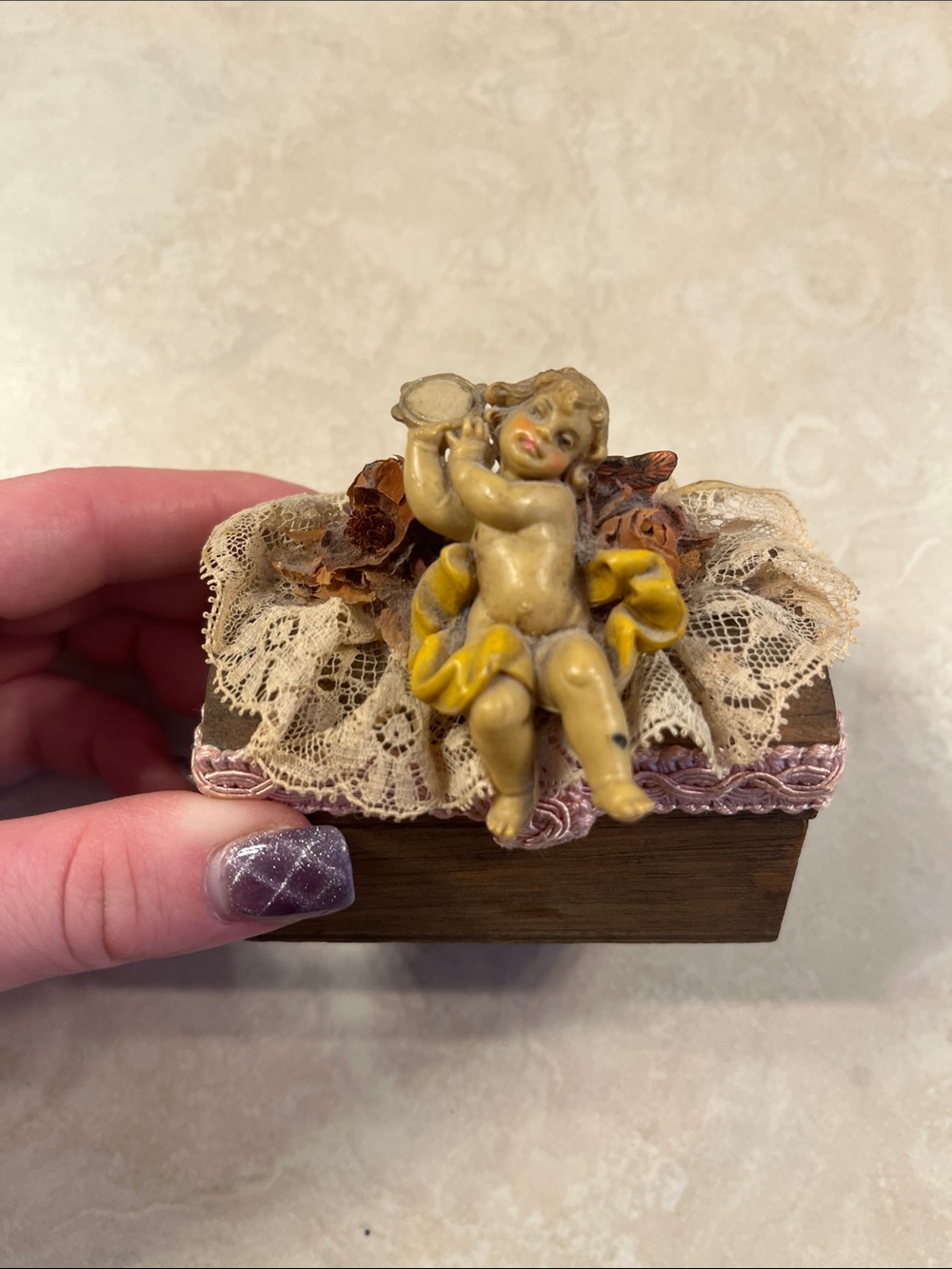 Vintage Cherub Angel Wooden Trinket Box Lace Floral Decor Jewelry Box